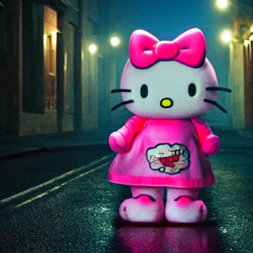 Image similar to film still of a monstrous creature shaped like a hello kitty crawling on an empty street beneath a lamp, grainy, horror movie, creepy, eerie, dark, great cinematography, amazing lighting, old, found footage, grainy, directed by scott derrickson