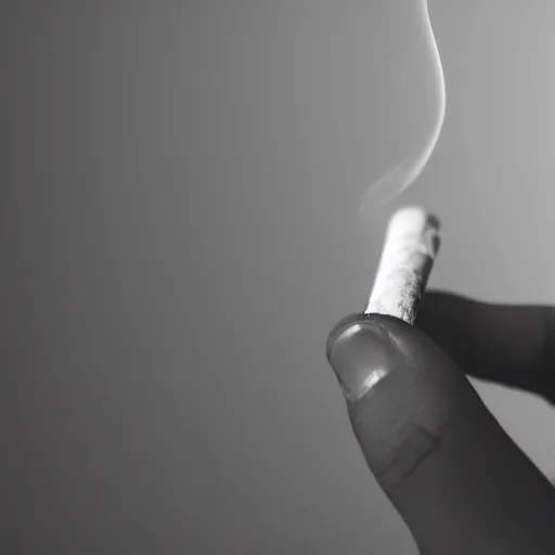 Image similar to Close-up of one hand holding cigarette with smoke, realistic photo, white background