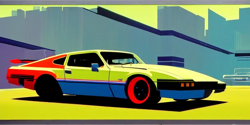 Image similar to art style by Ben Aronson and Edward Hopper and Syd Mead, wide shot view of Need for Speed, on ground level. full view of the hybrid design any two cars from 1980's, with wide body kit modification and dark pearlescent holographic paint.