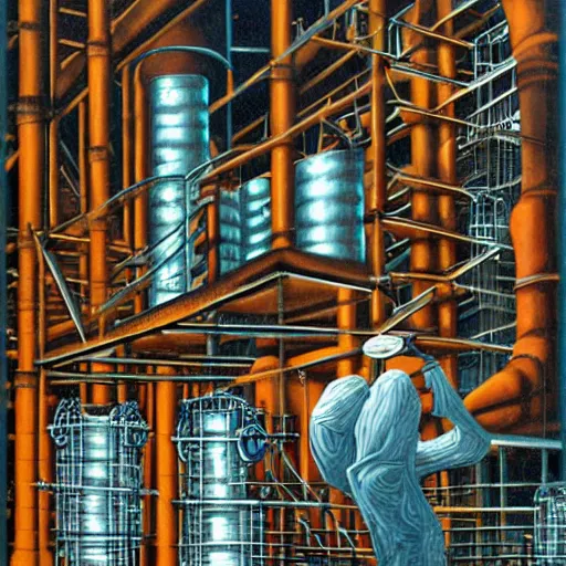 Prompt: drummer in metal refinery by rob gonsalves