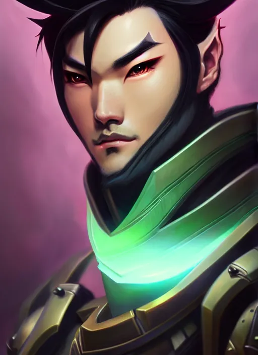 Image similar to lgenji from overwatch, fantasy, fantasy art, character portrait, portrait, close up, highly detailed, scifi art, intricate detail, amazing detail, sharp focus, vintage fantasy art, vintage sci - fi art, radiant light, trending on artstation, caustics, by boris vallejo
