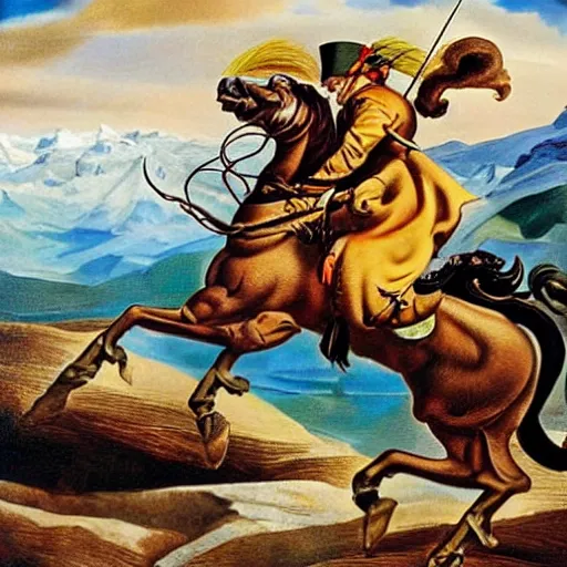 Prompt: Napoleon Crossing the Alps on a Harley Davidson , Salvador Dali style , oil painting