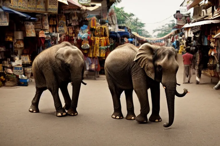 Image similar to cinematography elephant walking through Indian market by Emmanuel Lubezki