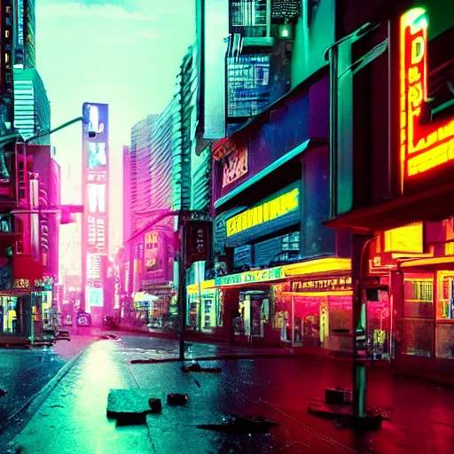 Image similar to cyberpunk city scene at night with colorful neon lit rainy streets and signs with a flamingo, film still