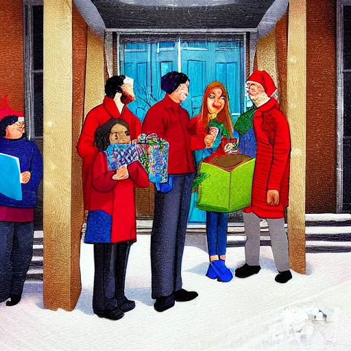 Prompt: A group of Christmas carol singers going from door to door inside a large apartment building, digital art