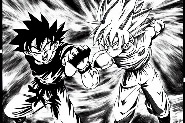 Prompt: anime art of Goku punching out One Punch Man in an epic fight