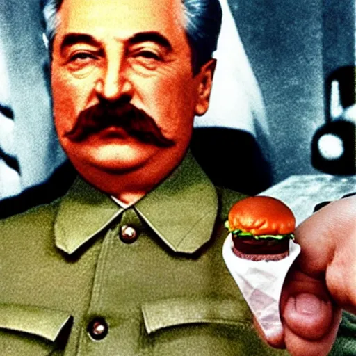 Image similar to stalin shows hand to burger