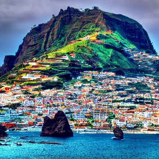 Prompt: madeira island invaded by furious king kong by the bay, cinematic shot, realistic, hdr, color, wide shot