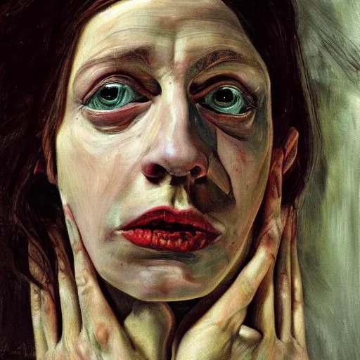 Image similar to high quality high detail painting by lucian freud, hd, portrait of a weeping goth girl, photorealistic lighting