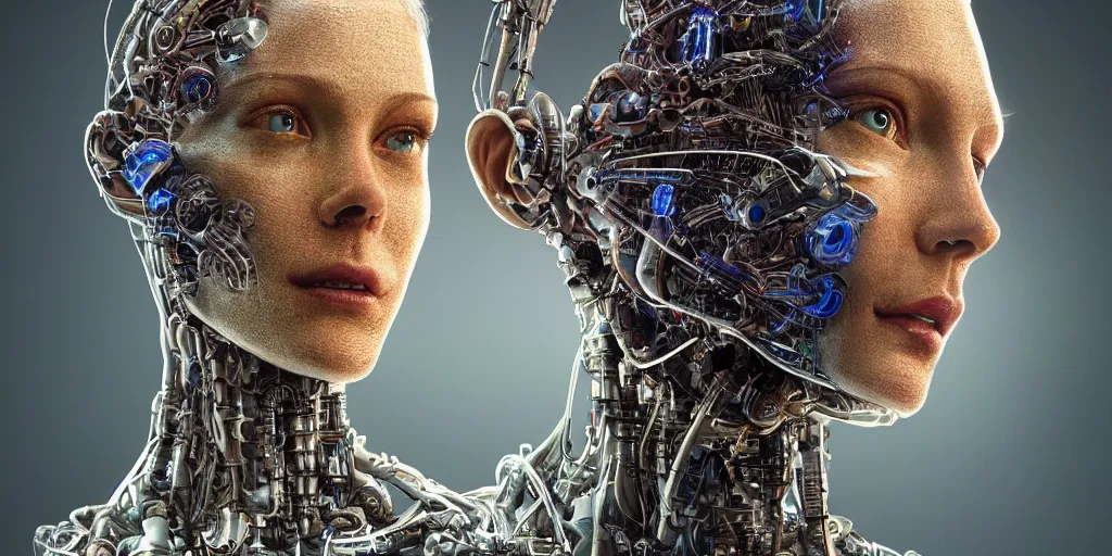 Image similar to hyperrealistic mixed media portrait of a Robot touching a Human. stunning 3d render inspired art by P. Craig Russell and Barry Windsor-Smith + perfect facial symmetry + dim volumetric lighting, 8k octane beautifully detailed render, post-processing, extremely hyperdetailed, intricate futuristic mechanic parts, epic composition, grim yet sparkling atmosphere, cinematic lighting + masterpiece, trending on artstation