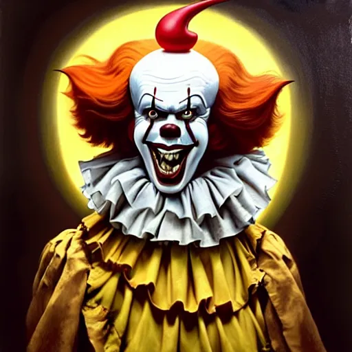 Prompt: portrait of pennywise the clown from it. demonic cenobite. sharp yellow teeth. holding a red balloon. oil painting by lucian freud. path traced, highly detailed, high quality, j. c. leyendecker, drew struzan tomasz alen kopera, peter mohrbacher, donato giancola