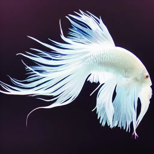 Image similar to a graceful iridescent white betta fish with long swirling fins, black-water-background, white smoke