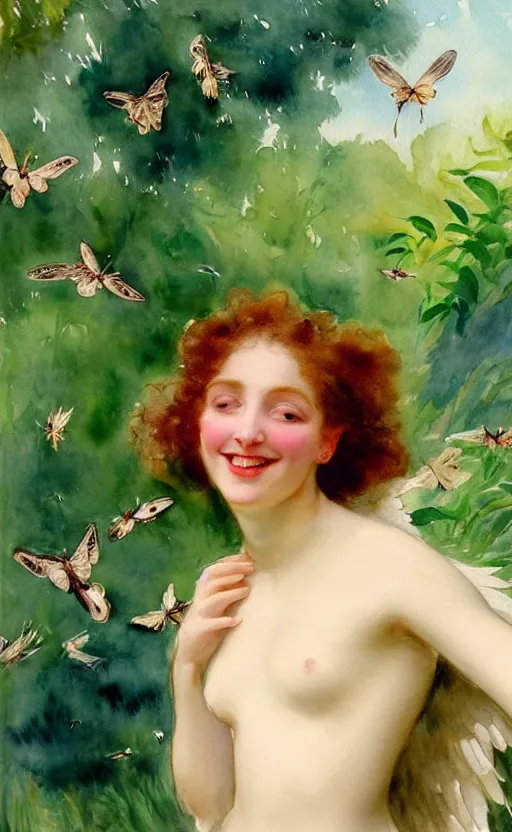 Prompt: the face of a young woman with marble complexion, angelic features, dancing curls around her face, her head raised in rapture, laughing, symmetrical eyes, watercolor by john singer sargent, background lush vegetation, insects and birds, 8 k uhd