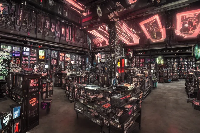 Image similar to Cybertron, inside of a Hot Topic store for goth Decepticons, check out register, cinematography by Wes Anderson, 4k octane render, photorealistic , cinematic lighting, Artstation