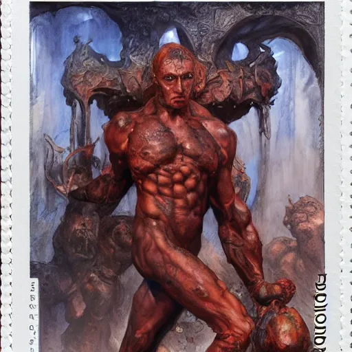 Image similar to Roguish Picaro Dsurion stands at the gates of Hades Hand Crafted By Rodin. Painting by Donato Giancola Jeff Simpson stamp watercolor