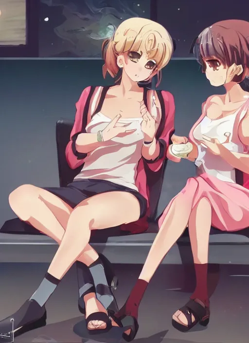 Image similar to two beautiful mothers sitting across from each other, summer clothes, gorgeous faces, thick lines, cinematic lighting, detailed anime art