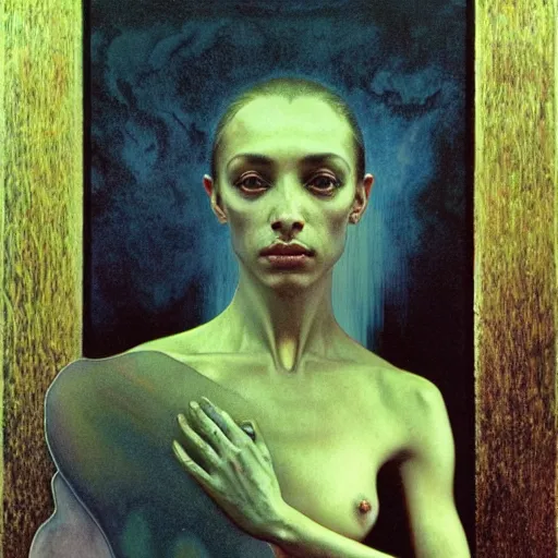 Image similar to sade by zdzisław beksinski, iris van herpen, raymond swanland and alphonse mucha. highly detailed, hyper - real, beautiful