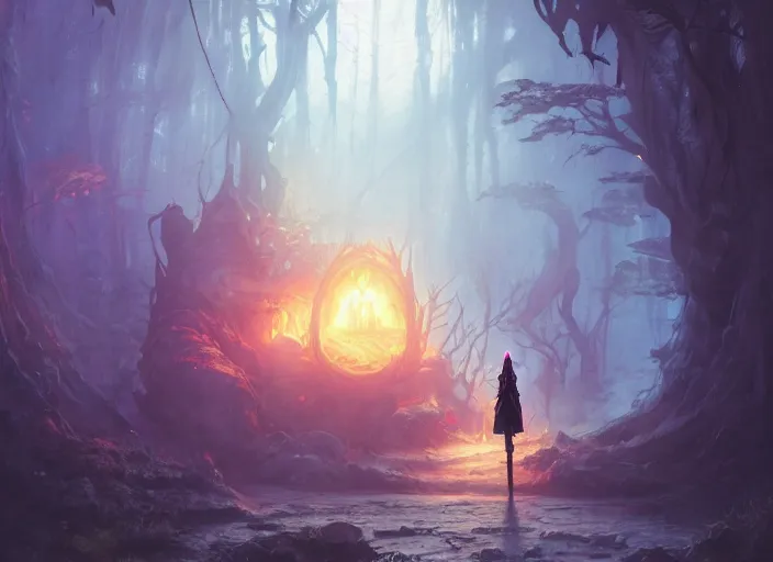 Prompt: a portal in the magic world that leads to a horrifying and dark world where monsters lurk, fantasy art by greg rutkowski, loish, rhads, ferdinand knab, makoto shinkai and lois van baarle, ilya kuvshinov, rossdraws, tom bagshaw, global illumination, radiant light, detailed and intricate environment, vibrant, magical