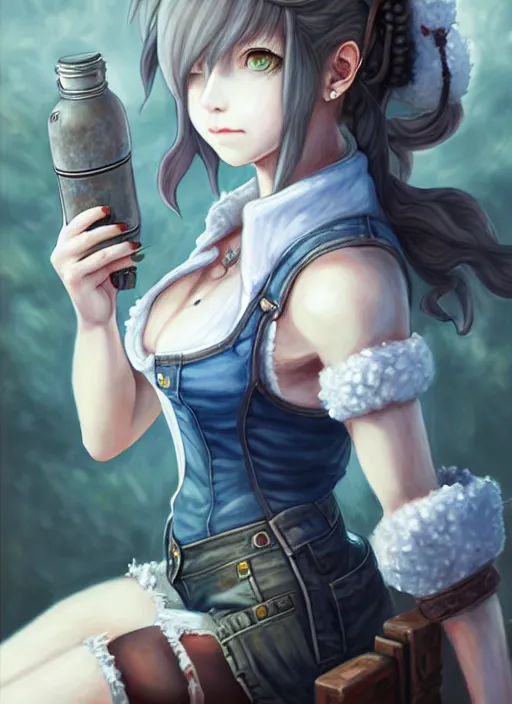 Prompt: a portrait of catgirl wearing white vest, and denim shorts an ultrafine detailed painting, detailed painting, detailed eyes!!, final fantasy octopath traveler lovecraft cosmc horror