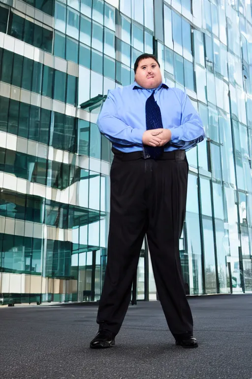 Prompt: fat businessman in front of his business center