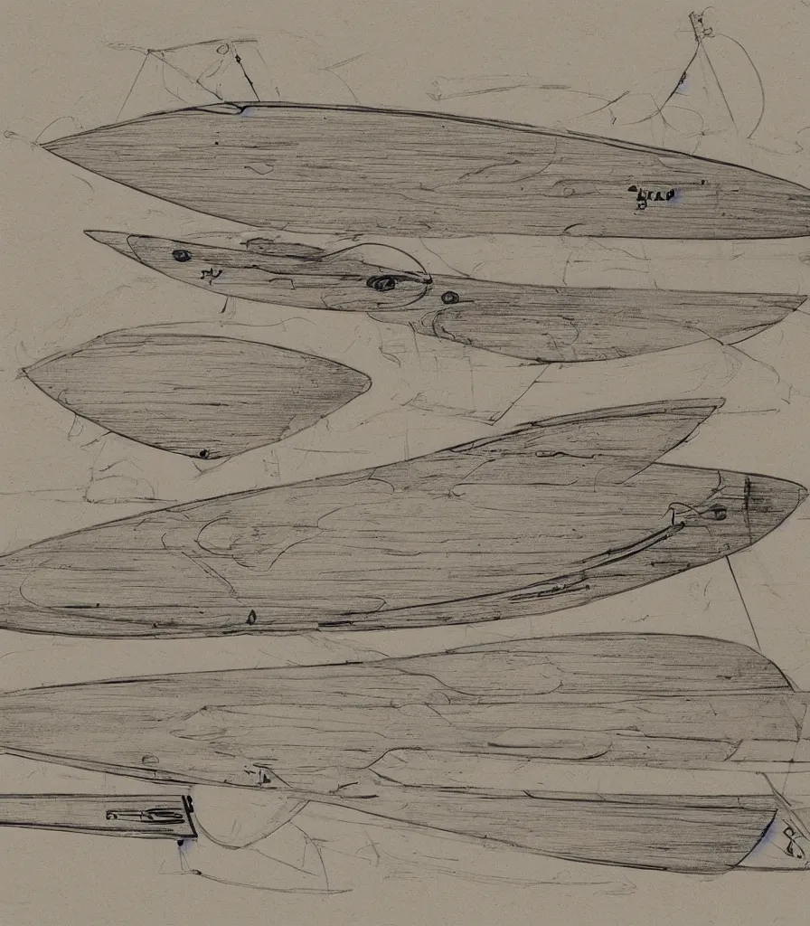 Image similar to blueprint sketch of a beautiful surfboard painted by leonardo da vinci, technical sketch, high detail, charocal drawing, firewire gofish, pukas surfboards, channel island surfboards