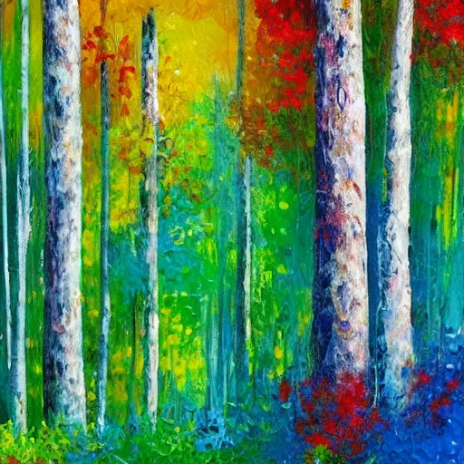 Prompt: paint drip of a forest with green, blue, red tree trunks. acrylic of canvas, impressionist painting