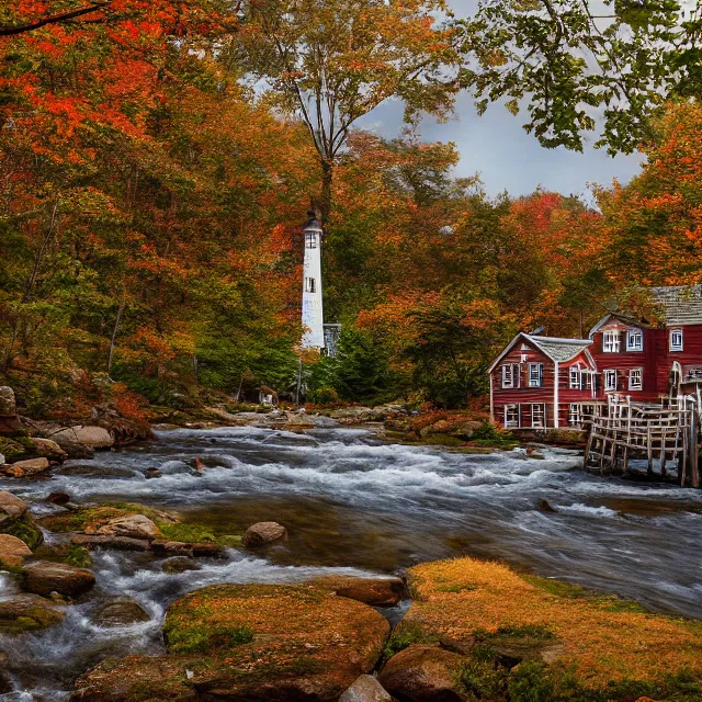 Image similar to small new england colonial village on a river in the white mountains of new hampshire, fall foliage, realistic, unreal engine render, octane render, hyper realistic, photo, 8 k