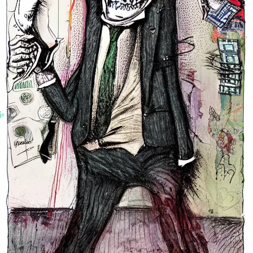 Image similar to Jacob Rothschild full body shot, dollar bills Body horror, biopunk, by Ralph Steadman, Francis Bacon, Hunter S Thompson