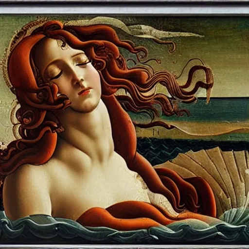 Prompt: birth of venus steam punk, in the style botticelli, 8 k, oil painting,