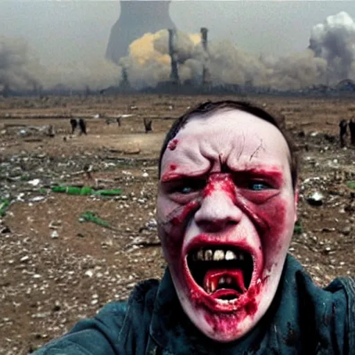 Image similar to selfie of a ukrainian screaming in pain and terrible injuries from a nuclear explosion, everything is on fire and radiation, in the background there are a lot of people like zombies, corpses and skeletons, a large nuclear explosion in the background, people are painted in yellow and blue, all dirty with severed limbs, doomsday