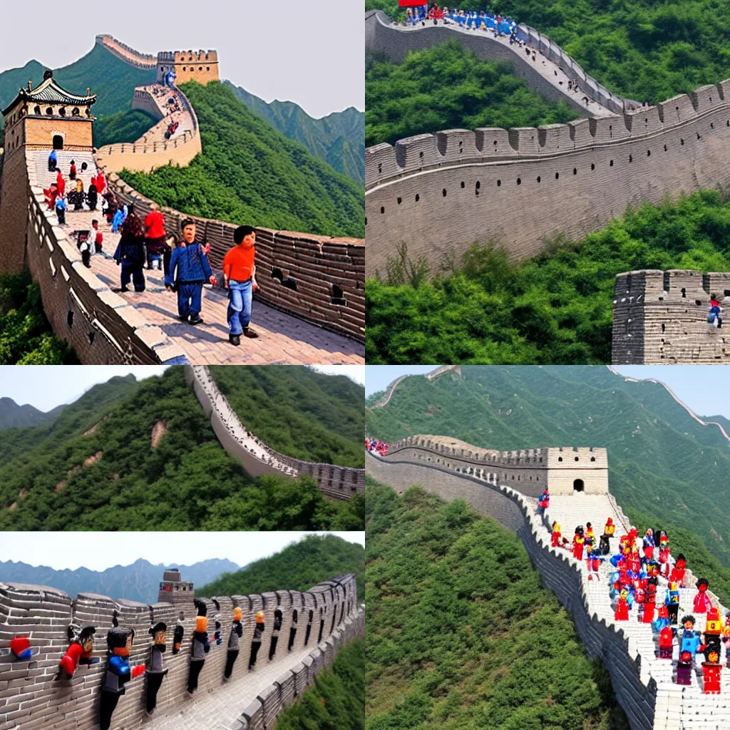 Prompt: The great wall of china made out of lego with normal people walking over