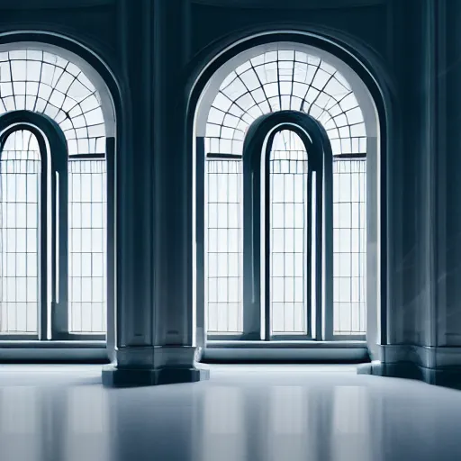 Image similar to white marble room arched windows, neon fluorescent lights, cinematic, octane render, detailed illustration, character portrait, by Martin Grip and Moebius,