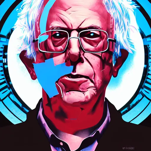 Image similar to cyberpunk bernie sanders as the leader of a futuristic communist nation, cybernetics, sharp lines, digital, artstation, colored in