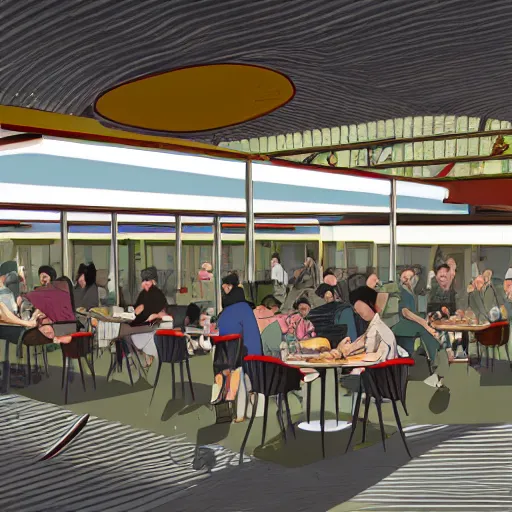 Image similar to A hawker centre in the style of Syd Mead