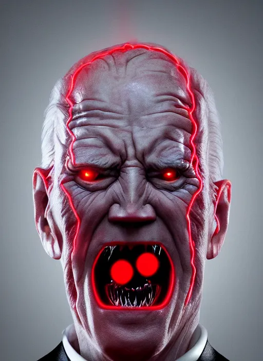 Prompt: hyper realistic ultra realistic cenobite pinhead biden photo furious yelling glowing red eyes biden, high quality photo, detailed , 8k