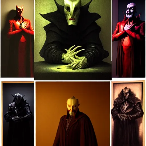 Prompt: studio portrait of mr sinister by rembrandt, pan's labyrinth movie still frame of vampiric mr sinister, mcu nathaniel essex mr sinister by wayne barlowe by caravaggio, 3 d fantasy character sculpture by beksinski