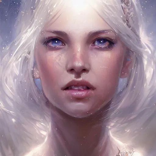 Image similar to a portrait of a beautiful hopeful lady with pretty eyes, beautiful eyes, sparkling eyes, sparkling eyes, highly detailed eyes, looking up, looking up, light smiling, art of wlop and greg rutkowski, intricate, high details, eyes, epic fantasy art, cgsociety, trending on artstation, bright light masterpiece, ray of light through white hair