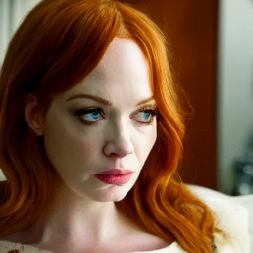 Image similar to amazing beautiful Christina Hendricks with puffy lips in the living room, film still from the movie directed by Denis Villeneuve , wide lens