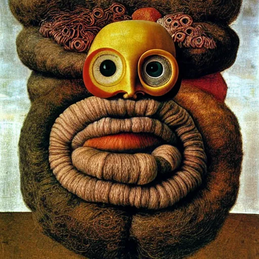 Image similar to portrait photo of a wool sock with giant eyes, face made from unfulfilled dreams, extremely high details, realistic, by Giuseppe Arcimboldo, Rene Margitte, MC Escher