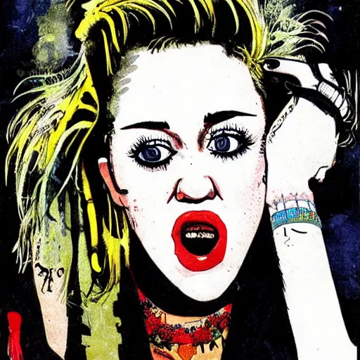 Prompt: portrait of miley cyrus, by ralph steadman