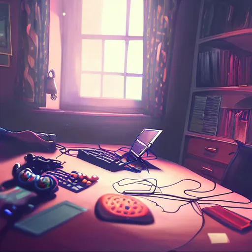 Image similar to prompt : gamer girl, bedroom desk, site - specific art, moody lighting, volumetric light, ray tracing global illumination, insanely detailed and intricate, hypermaximalist, elegant, ornate, hyper realistic, super detailed, artstation, by yaoy kusama