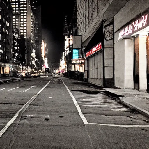 Image similar to color photograph, highly detailed abandoned New York city street at night after the war between humans and AIs, film grain, soft vignette, sigma 85mm f/1.4 1/10 sec shutter, film still promotional image, IMAX 70mm footage