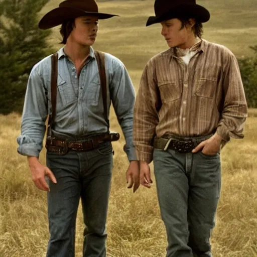 Image similar to a romantic scene from brokeback mountain starring josh hartnett as ennis del mar and heath ledger as jack twist