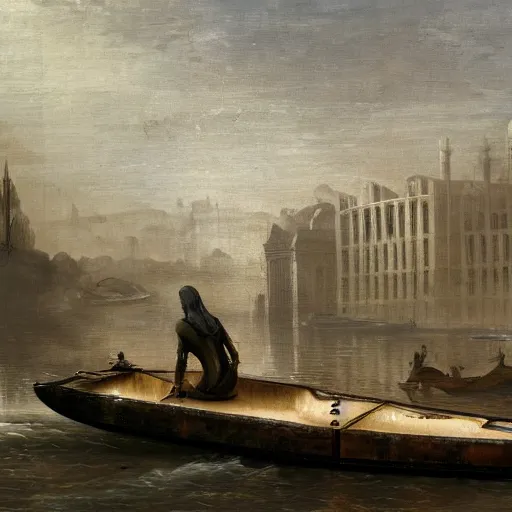 Image similar to charon on one end of a reaper boat and a london banker sitting on the other end on the river styxx with submerged buildings in the backround