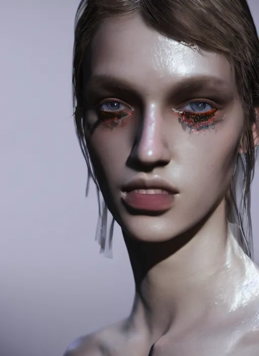 Image similar to close up of a fashion model on acid, posing in dramatic lighting, plastic clean ultra high definition, uplighting, cinematic, sheek unreal engine 5 ray tracing, by paolo roversi, masterpiece