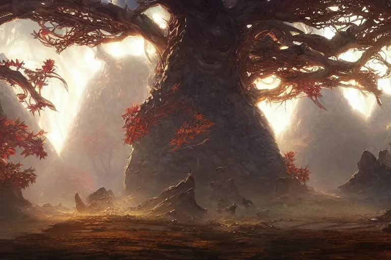 Image similar to dungeons and dragons fantasy painting, sacred grove of autumn maple bonsais in a desert with gnostic glowing runes, anime inspired by krenz cushart, evening lighting, by brian froud jessica rossier and greg rutkowski