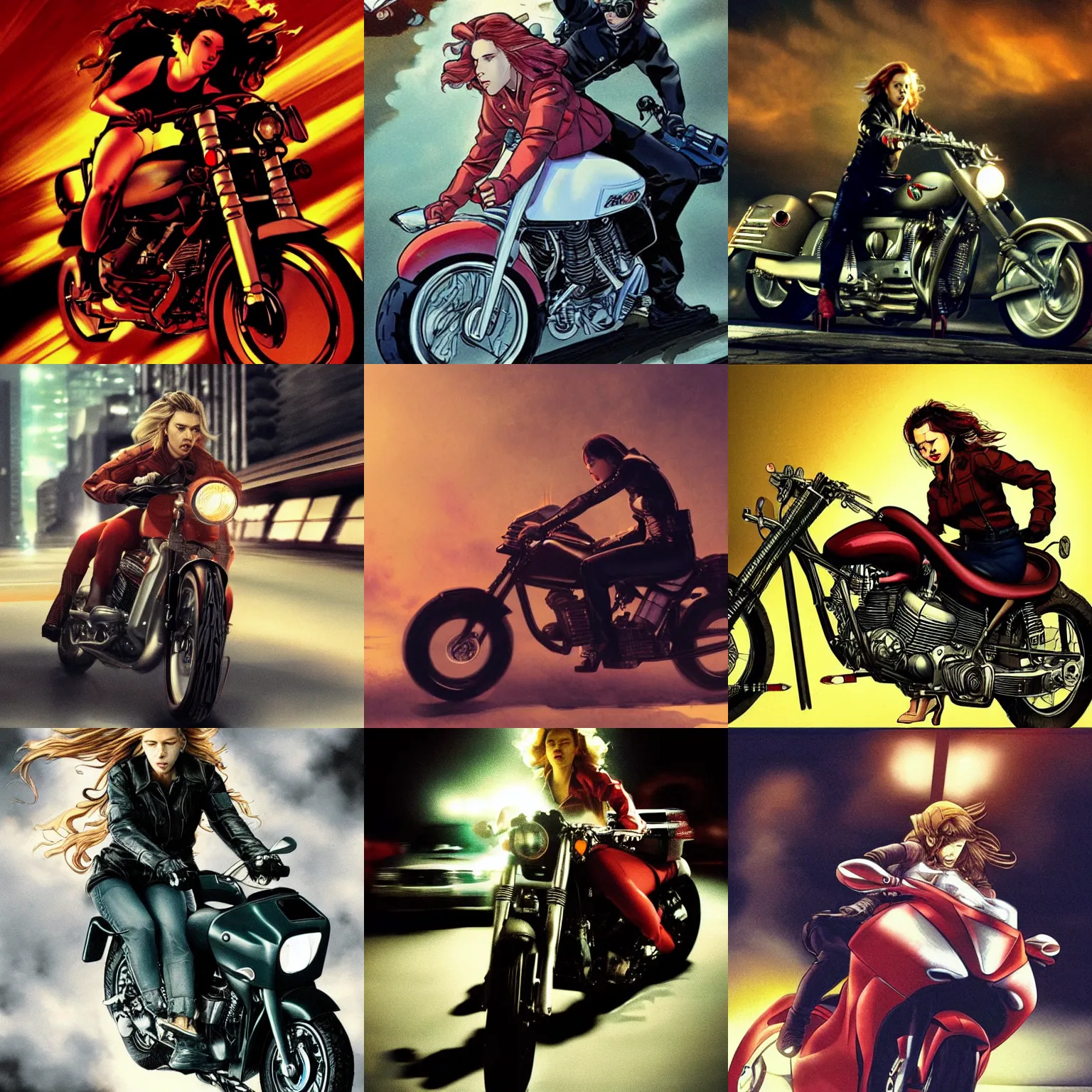 Prompt: angry scarlett johansson riding motorbike, katsuhiro otomo, dramatic lighting,