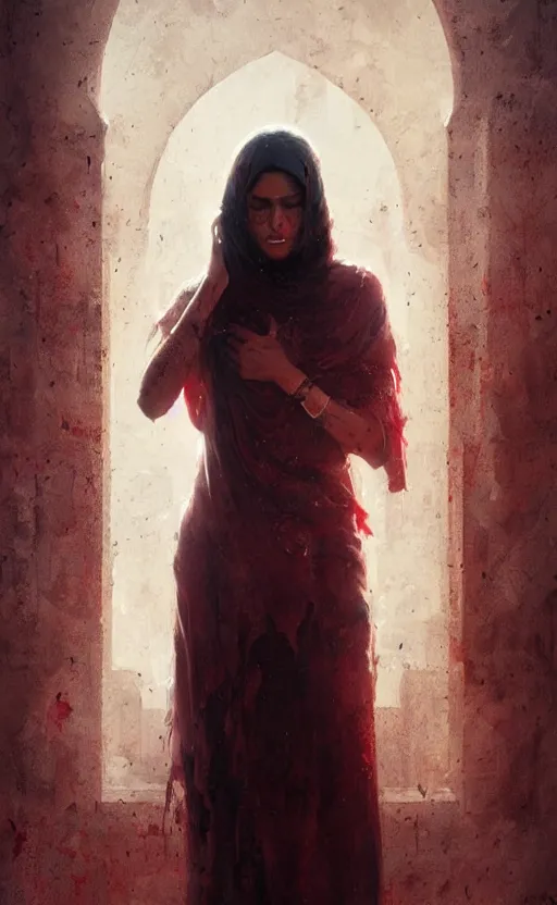 Prompt: The most beautiful arabian girl in the world crying blood ,digital art,ultra realistic,ultra detailed, ultra wide Lens, art by greg rutkowski