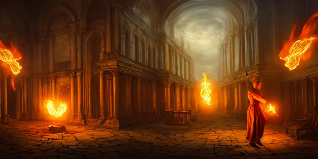 Image similar to A view of a mage casting fireball in Elizabethan era town, foggy, ruins, hyperdetailed, concept art, cinematographic, wide angle camera, unreal engine