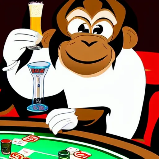 Prompt: Monkey drinking beer playing poker in the style of Disney,